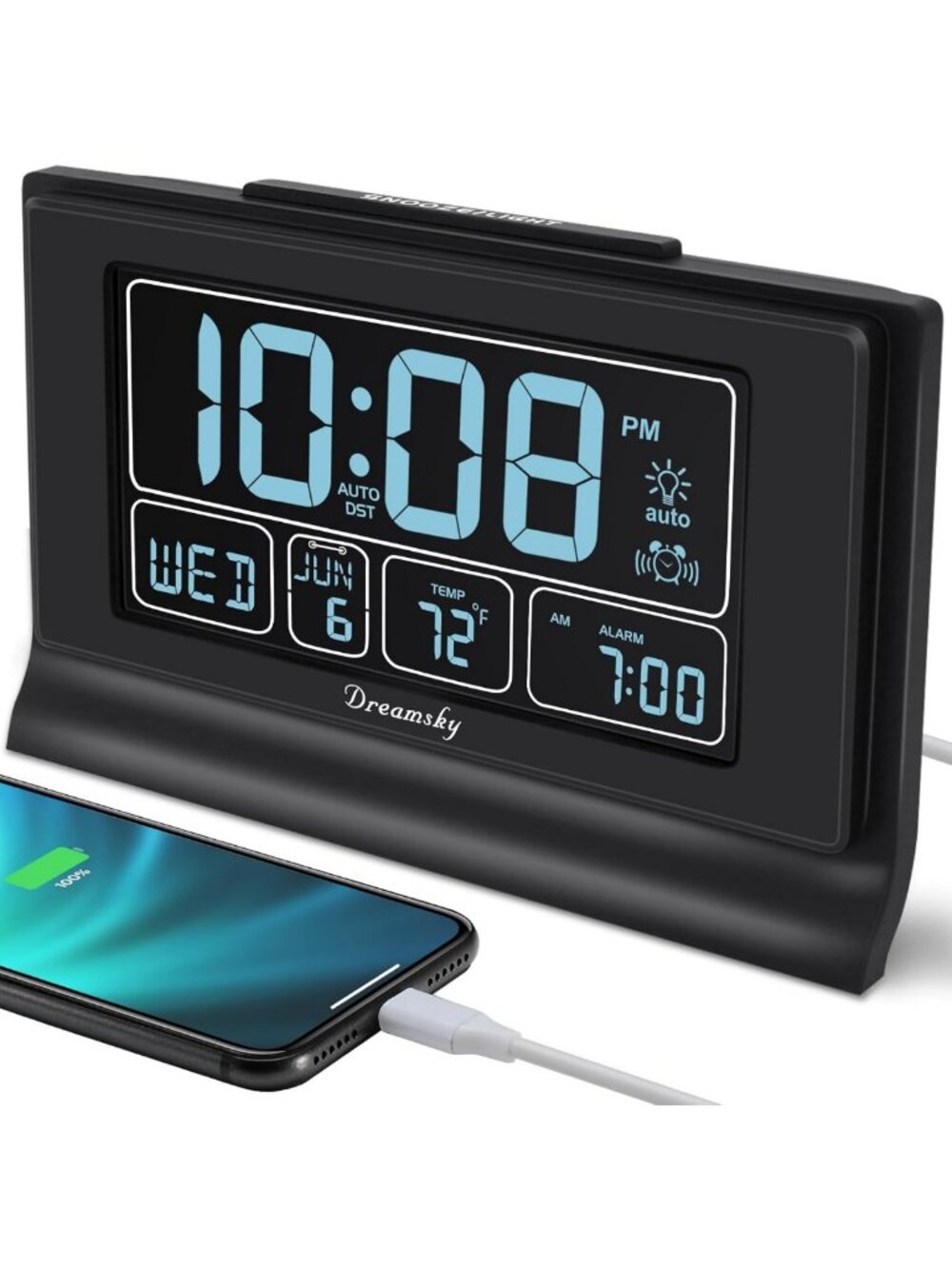 Digital Alarm Clock with Battery Backup, Large 5-Inch Display, USB Port, Auto